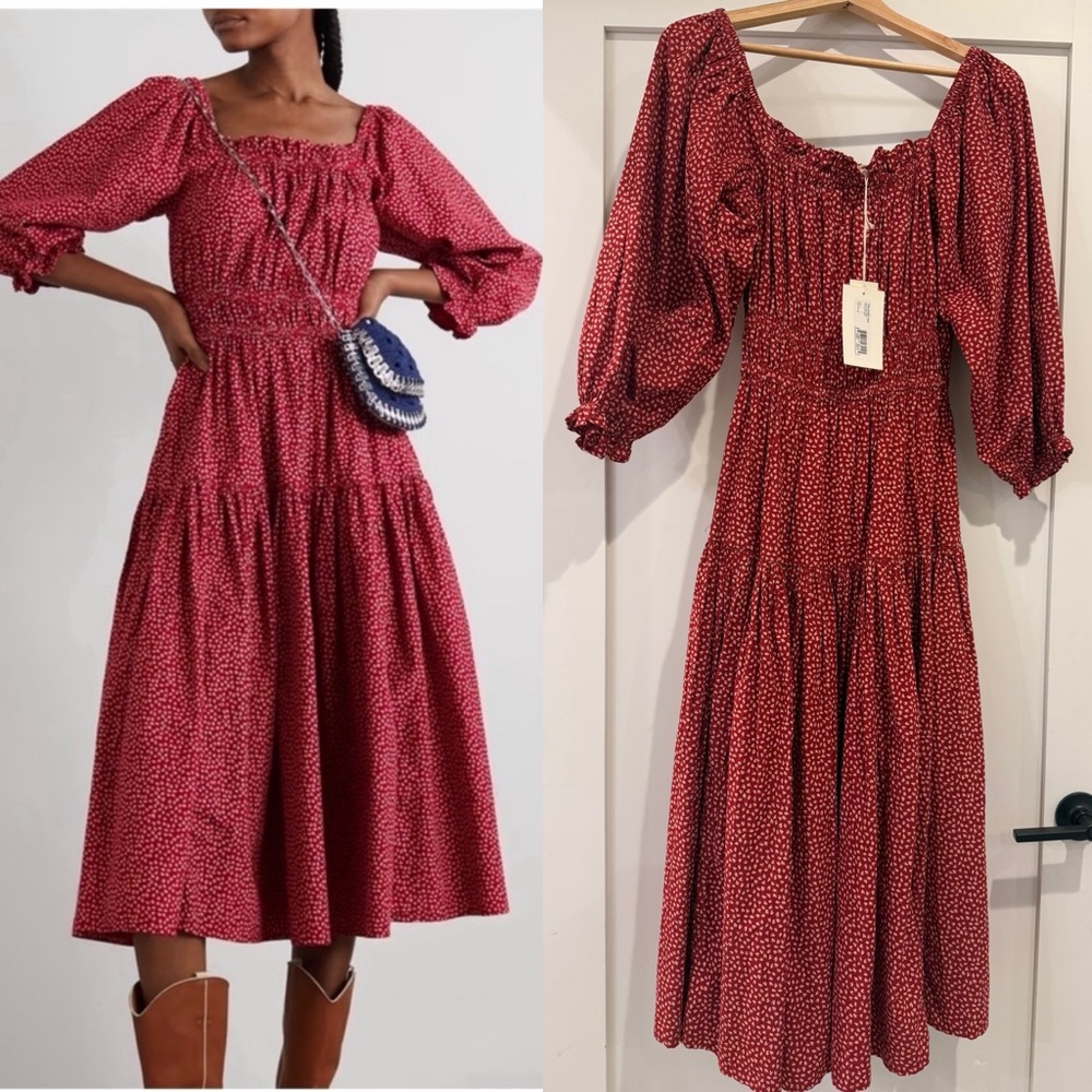 THE GREAT. The Reunion Midi Dress in Red Laurel Leaf Print. NWT. Size 1. Cotton.